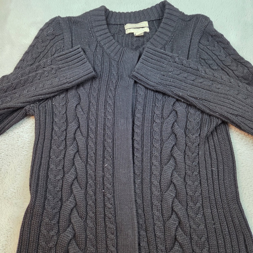 Banana Republic Cardigan Women Med Blk Wool Blend Cable Knit Longline Snap Front